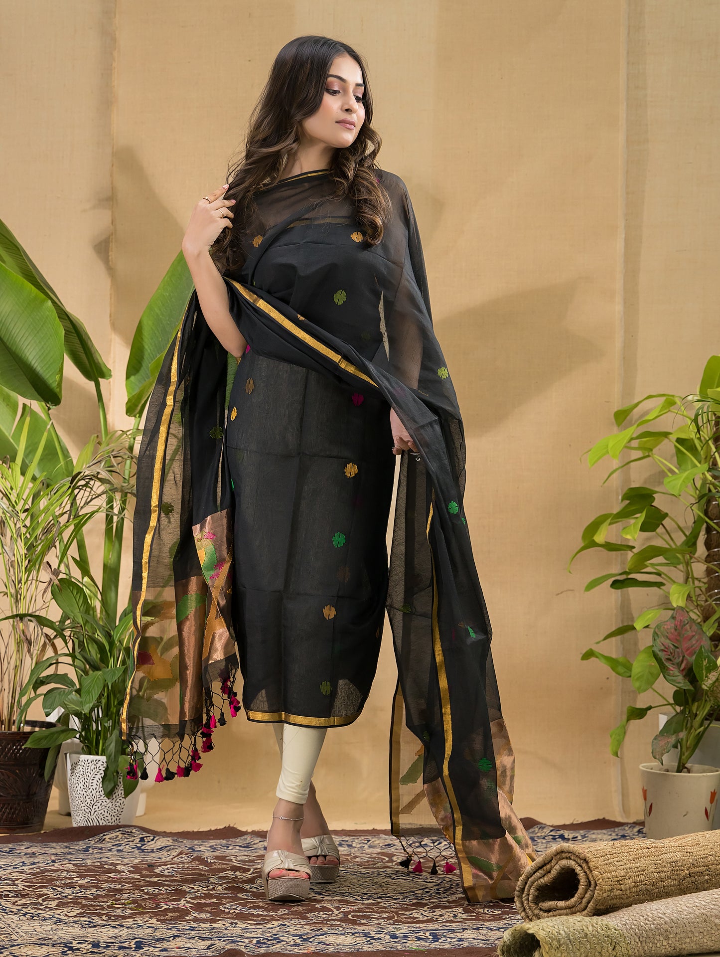 Dark Black Muslin Tissue Jamdani 2-Piece Set Kurti & Dupatta (UNSTITCHED) -775