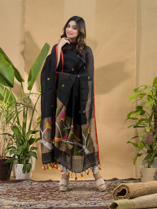 Coal Black Linen Jamdani 2-Piece Set Kurti & Dupatta (UNSTITCHED) -786