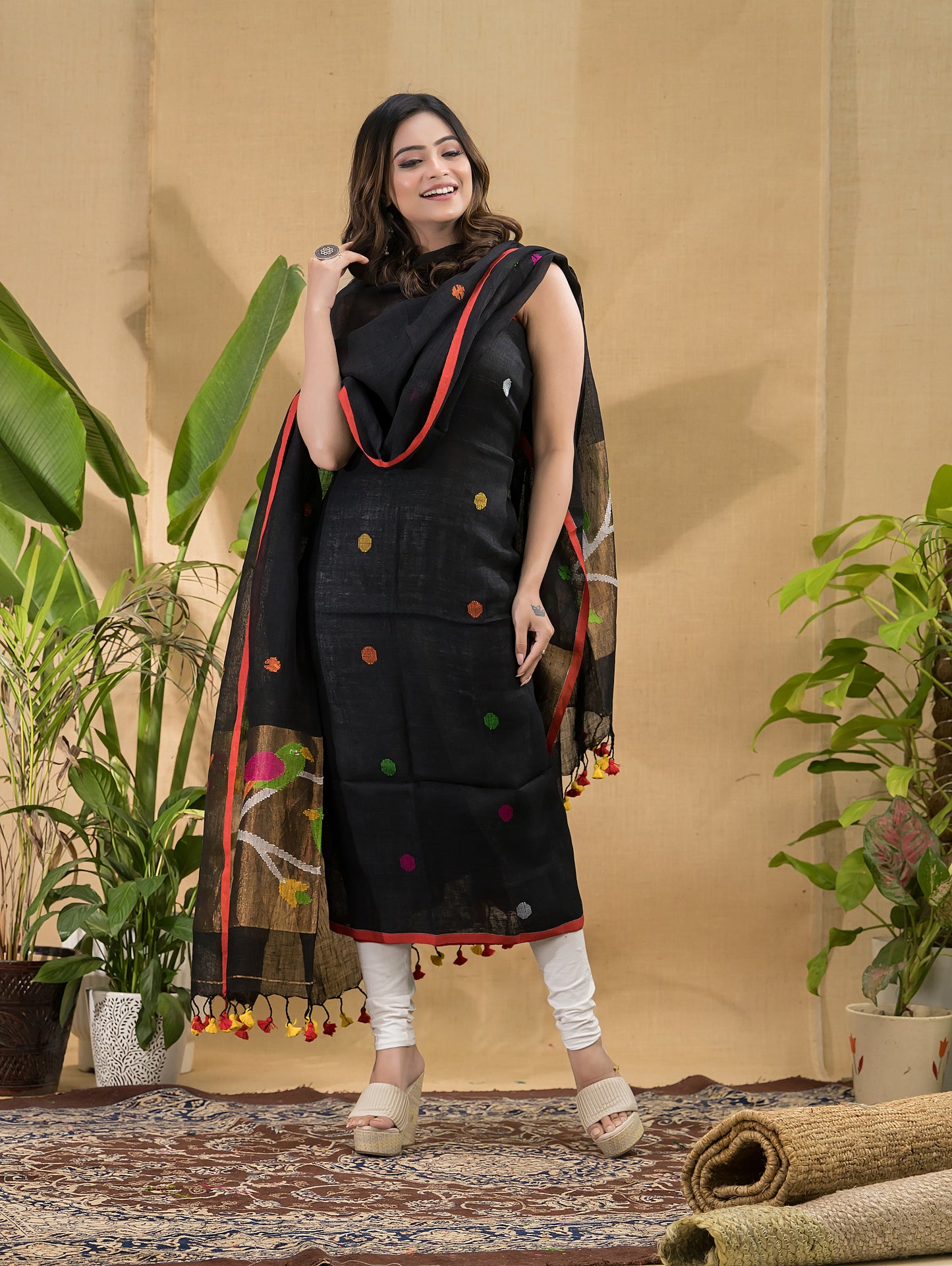 Coal Black Linen Jamdani 2-Piece Set Kurti & Dupatta (UNSTITCHED) -786