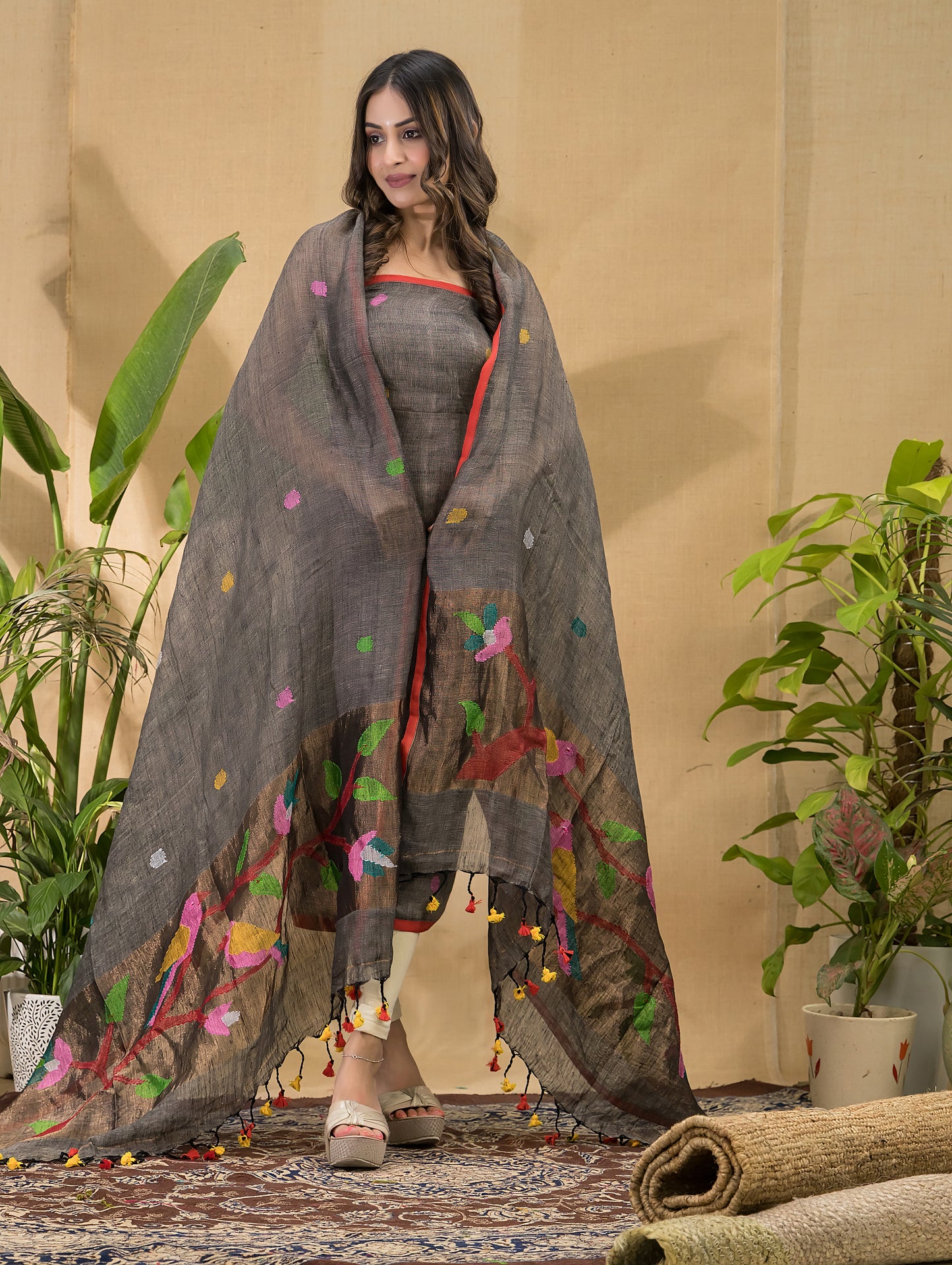 Smoke Black Linen Jamdani 2-Piece Set Kurti & Dupatta (UNSTITCHED) -736