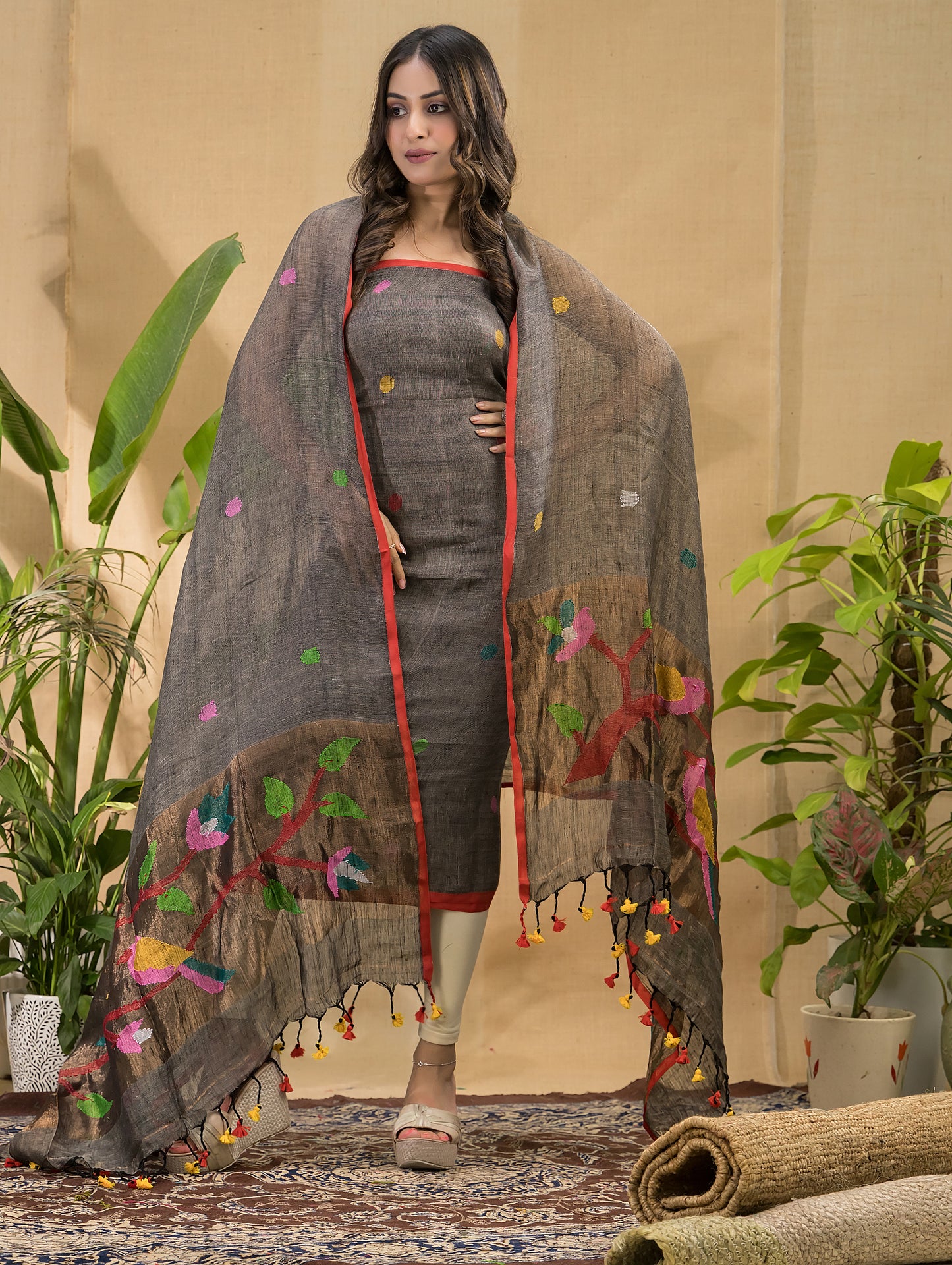 Smoke Black Linen Jamdani 2-Piece Set Kurti & Dupatta (UNSTITCHED) -736