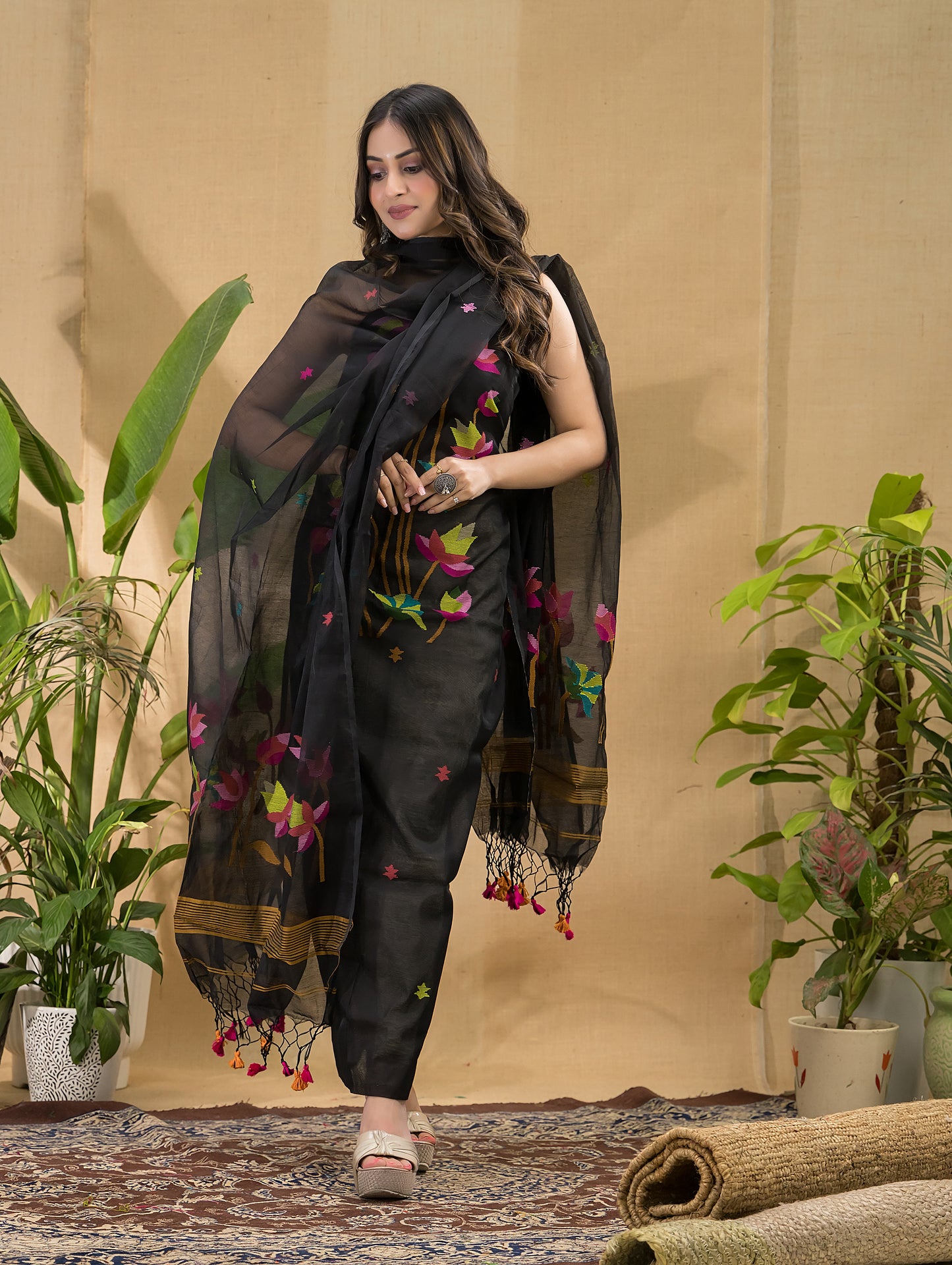 Dark Black Muslin Jamdani 2-Piece Set Kurti & Dupatta (UNSTITCHED) -794
