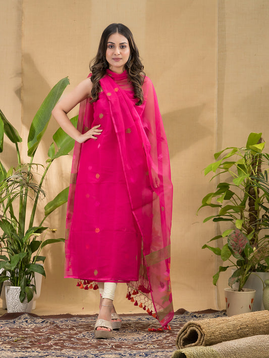 Hot Pink Muslin Jamdani 2-Piece Set Kurti & Dupatta (UNSTITCHED) -778