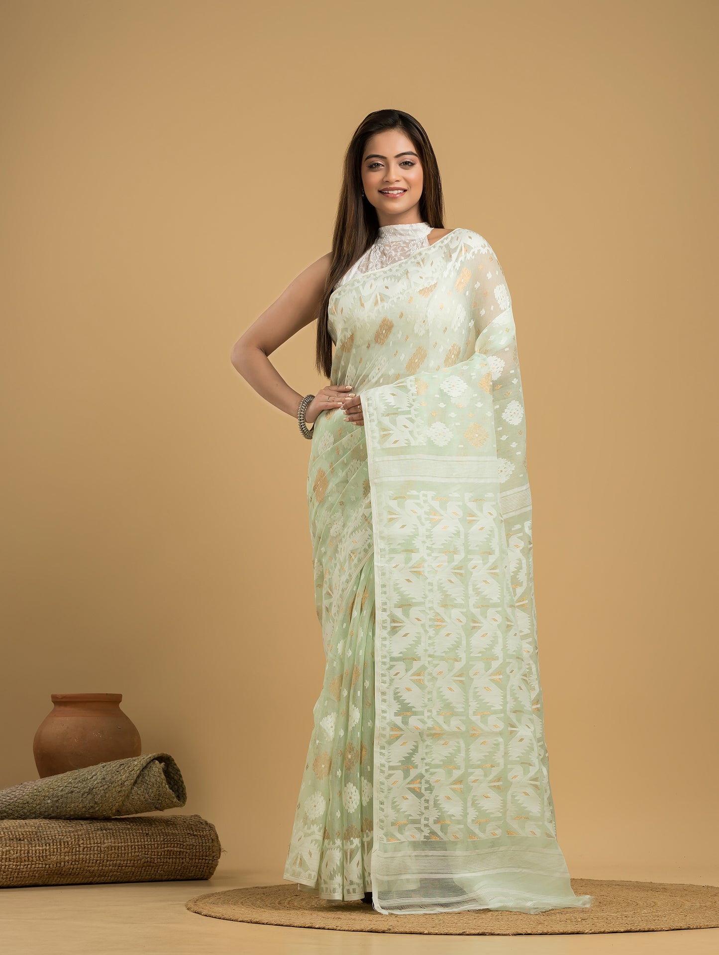 Light Green Jamdani Saree - 052