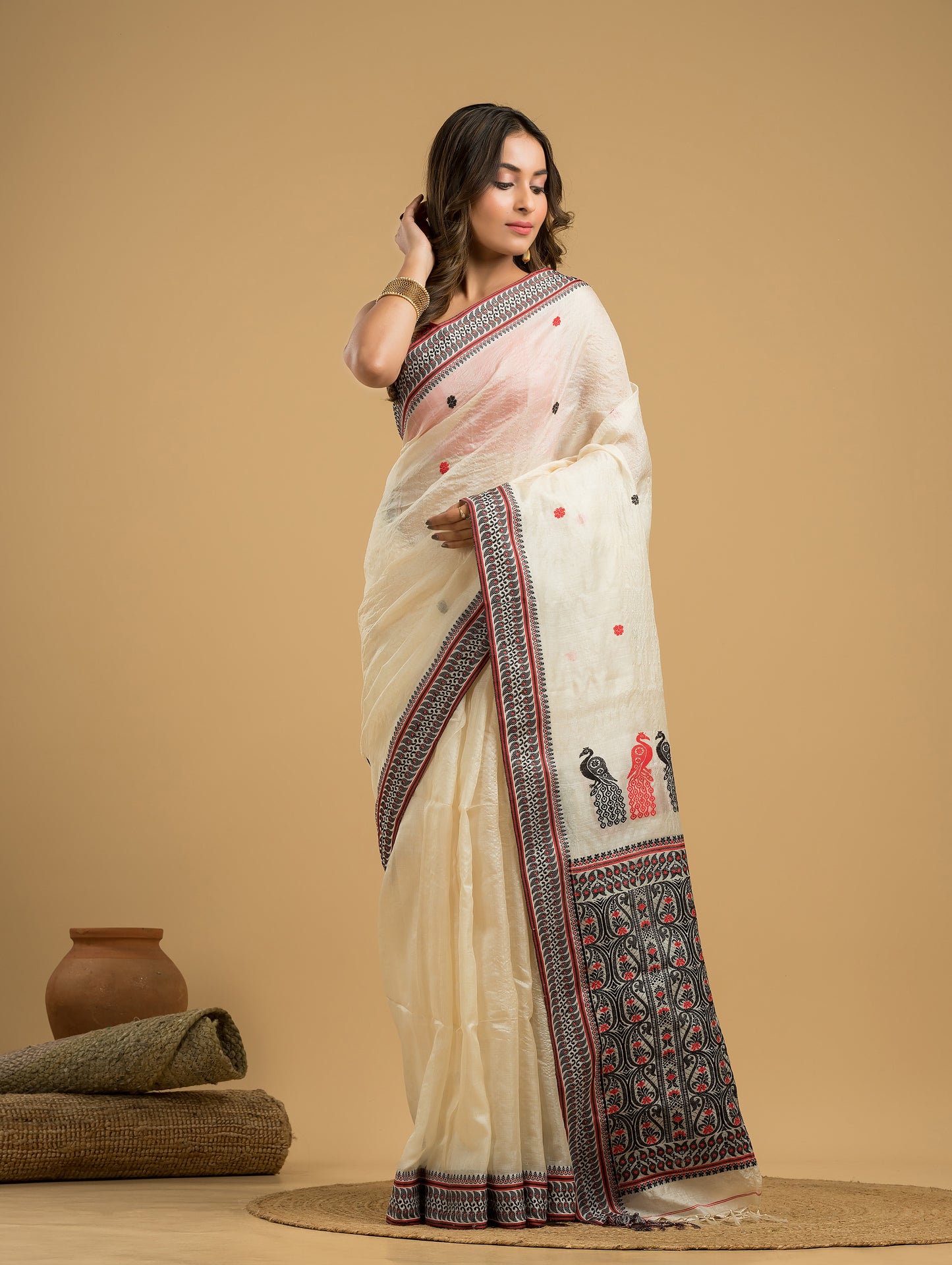 Tussar Silk Jamdani Saree With Cream White - 030