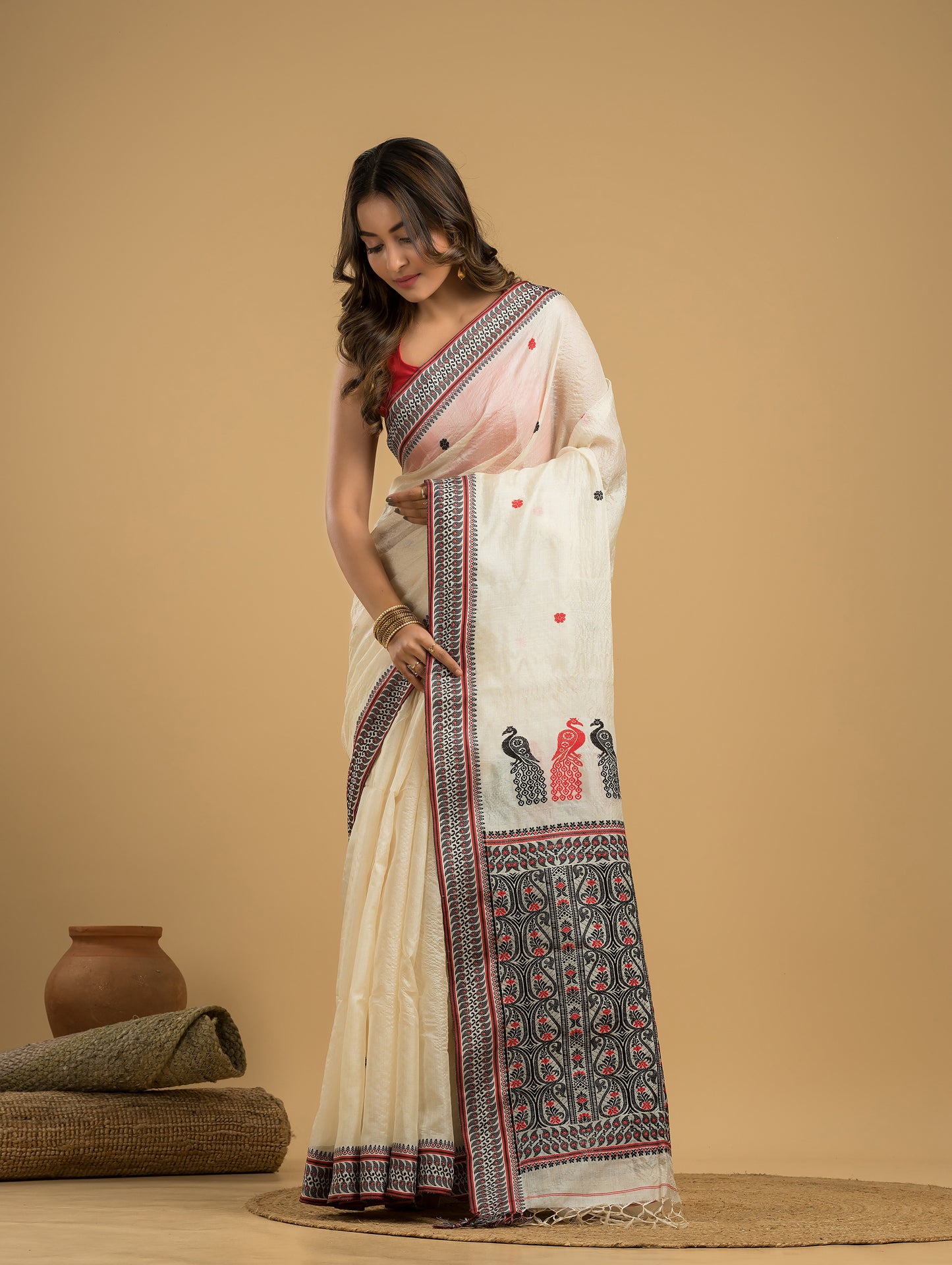 Tussar Silk Jamdani Saree With Cream White - 030