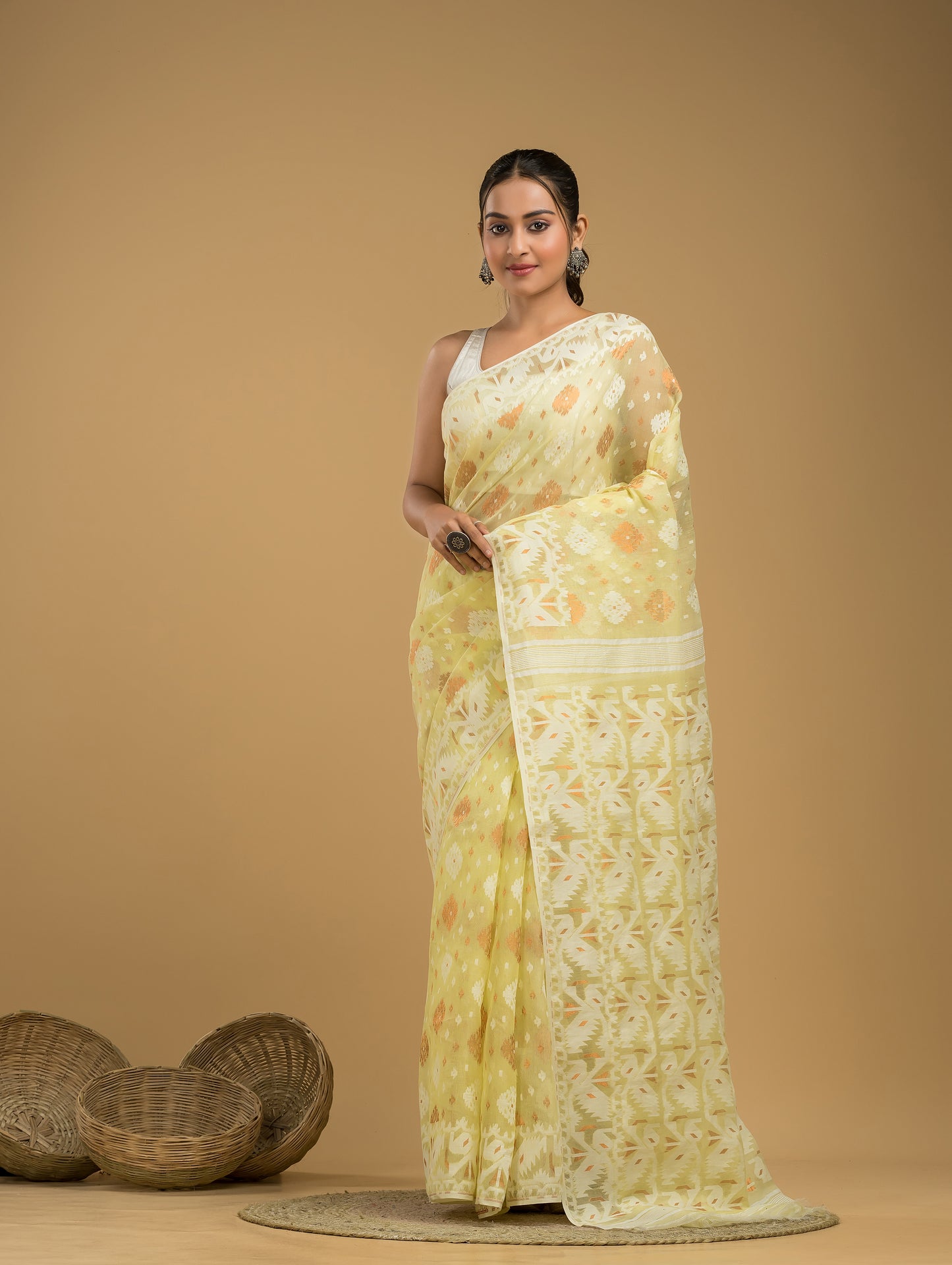Pale Yellow Cotton Silk Jamdani Saree - 021