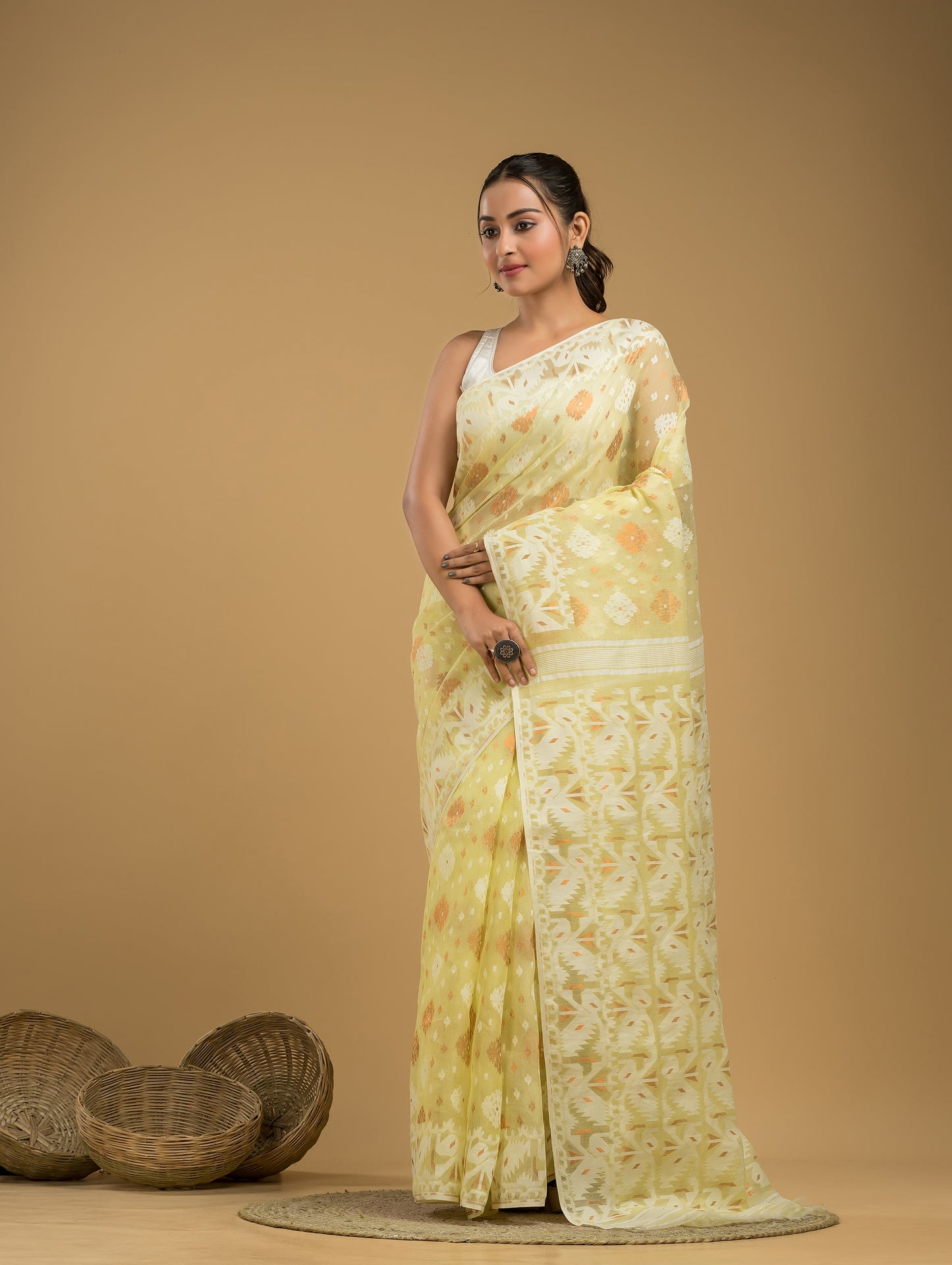 Pale Yellow Cotton Silk Jamdani Saree - 021