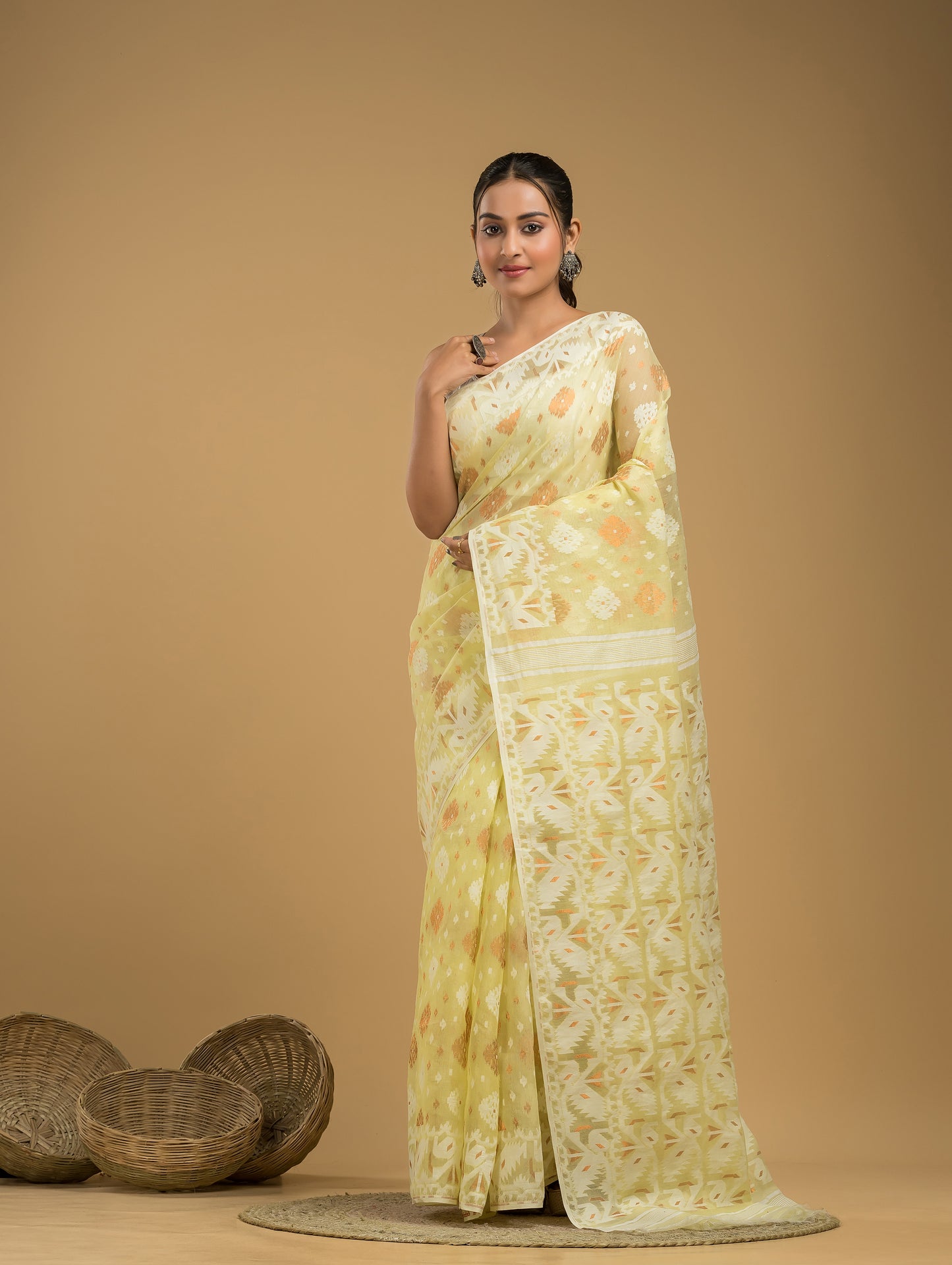 Pale Yellow Cotton Silk Jamdani Saree - 021