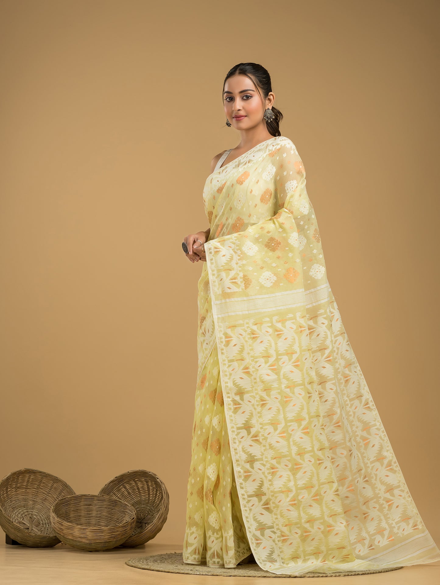 Pale Yellow Cotton Silk Jamdani Saree - 021
