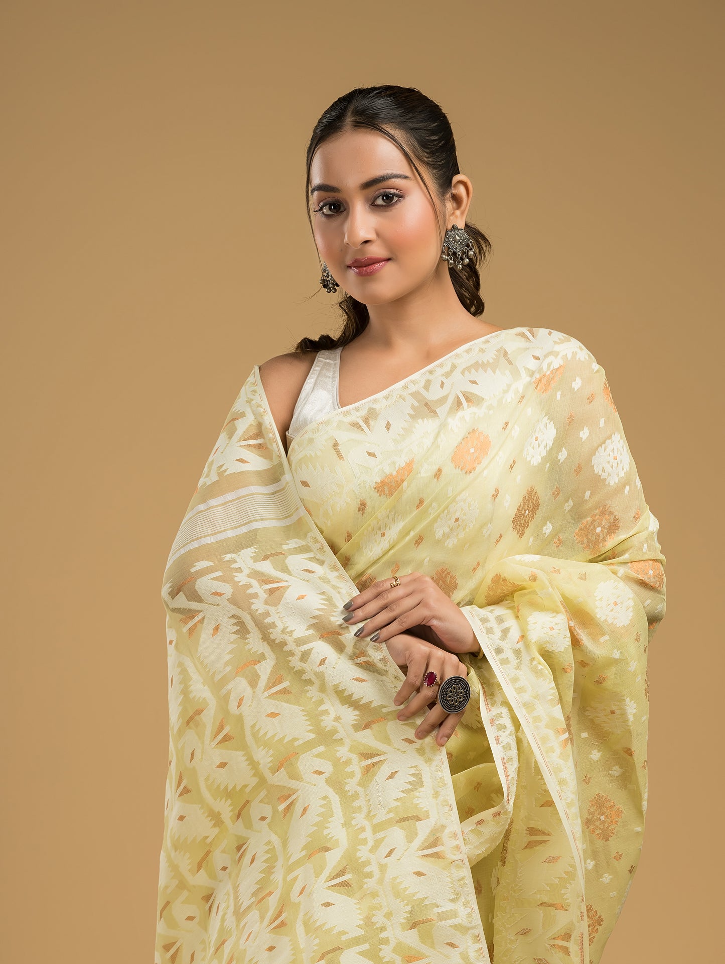 Pale Yellow Cotton Silk Jamdani Saree - 021