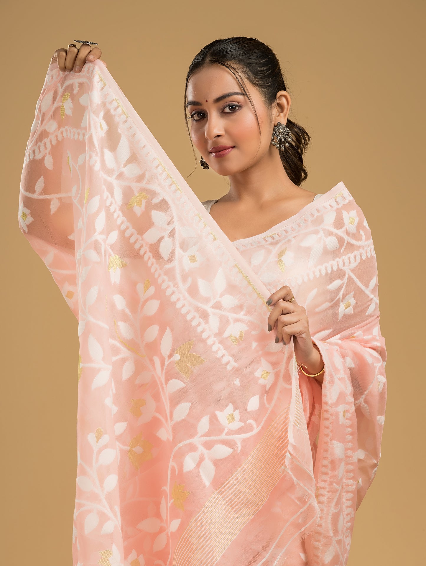 Cotton Silk Jamdani Saree With Light Pink - 023