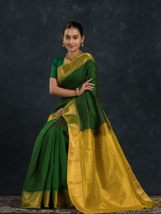 Pure Handloom Korvai Saree | Leaf Green and Gold