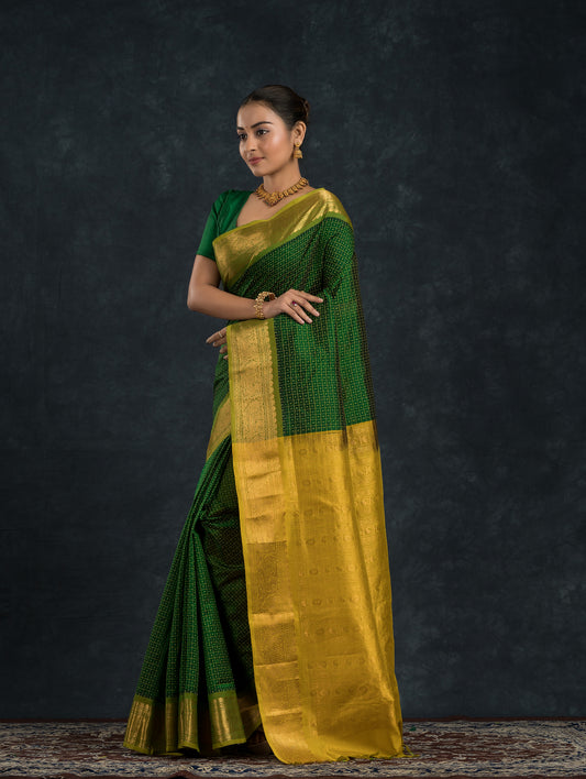 Pure Handloom Korvai Saree | Leaf Green and Gold