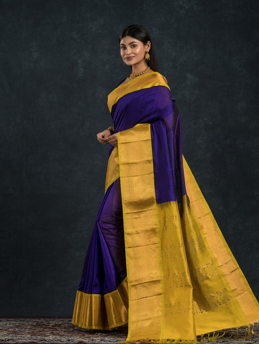 Pure Handloom Korvai Saree | Navy Blue and Golden Yellow