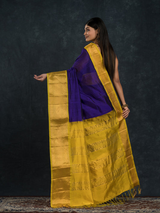 Handloom Korvai Silk Cotton Saree  |  Navy Blue