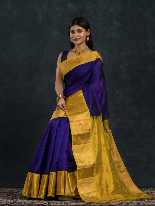 Pure Handloom Korvai Saree | Navy Blue and Golden Yellow