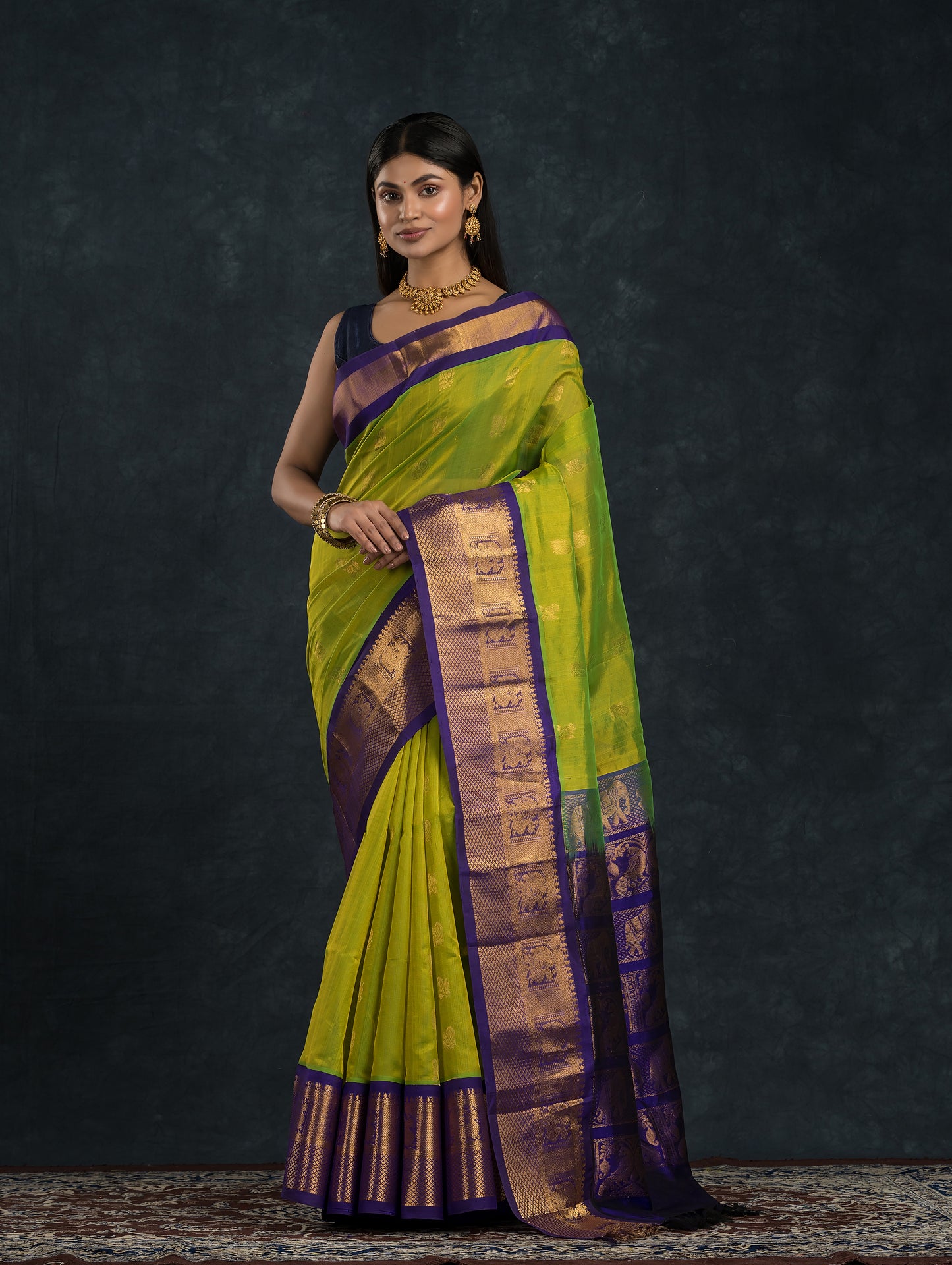 Handloom Korvai Silk Cotton Saree  |  Lime Green