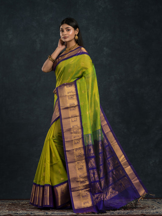 Pure Handloom Korvai Saree | Lime Green and Golden Blue