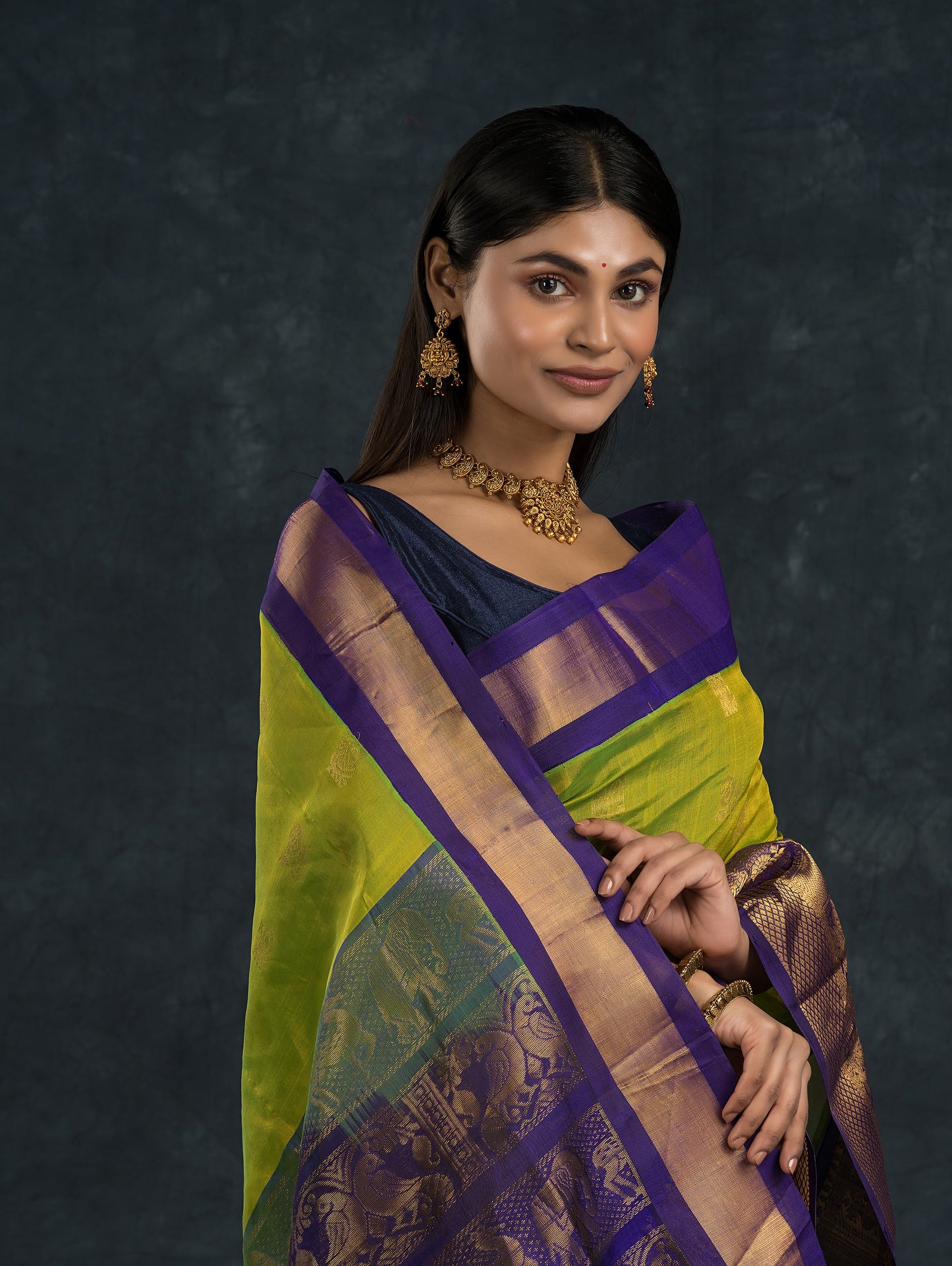 Handloom Korvai Silk Cotton Saree  |  Lime Green