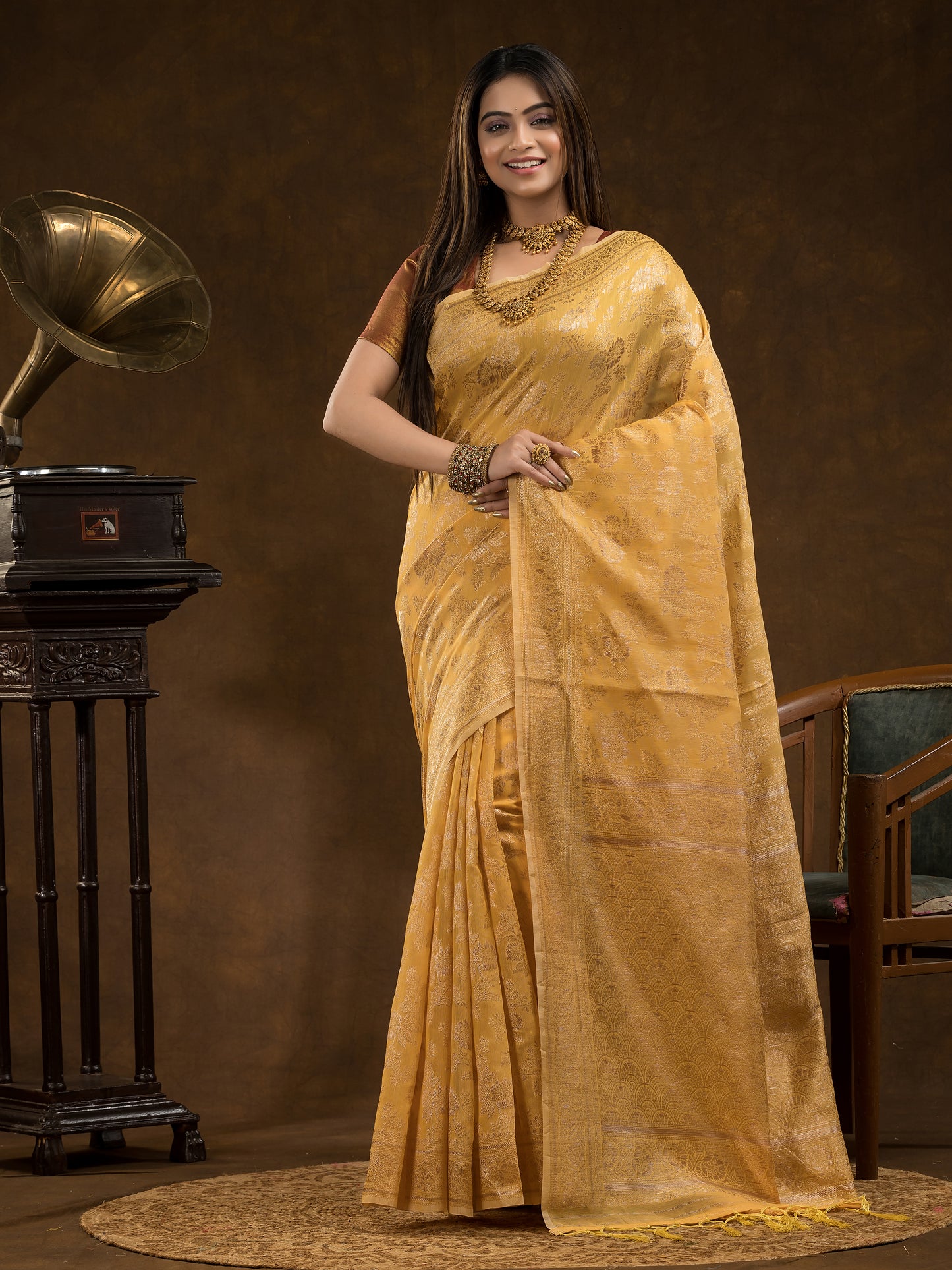 Floral woven design Silk blend Jacquard Saree | Golden Yellow