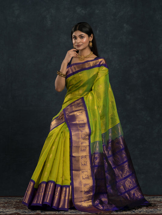 Pure Handloom Korvai Saree | Lime Green and Golden Blue