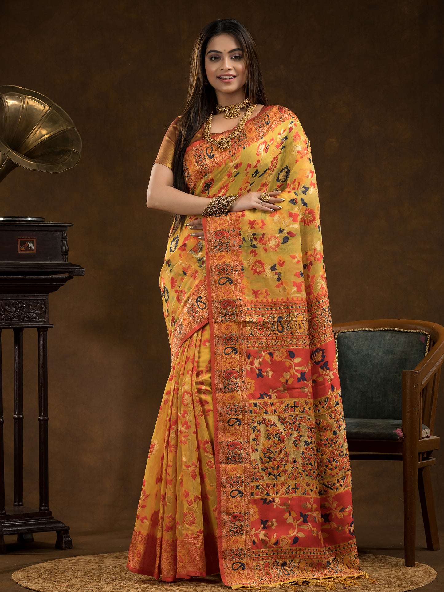 Floral woven design Silk blend Saree | Mustard Yellow