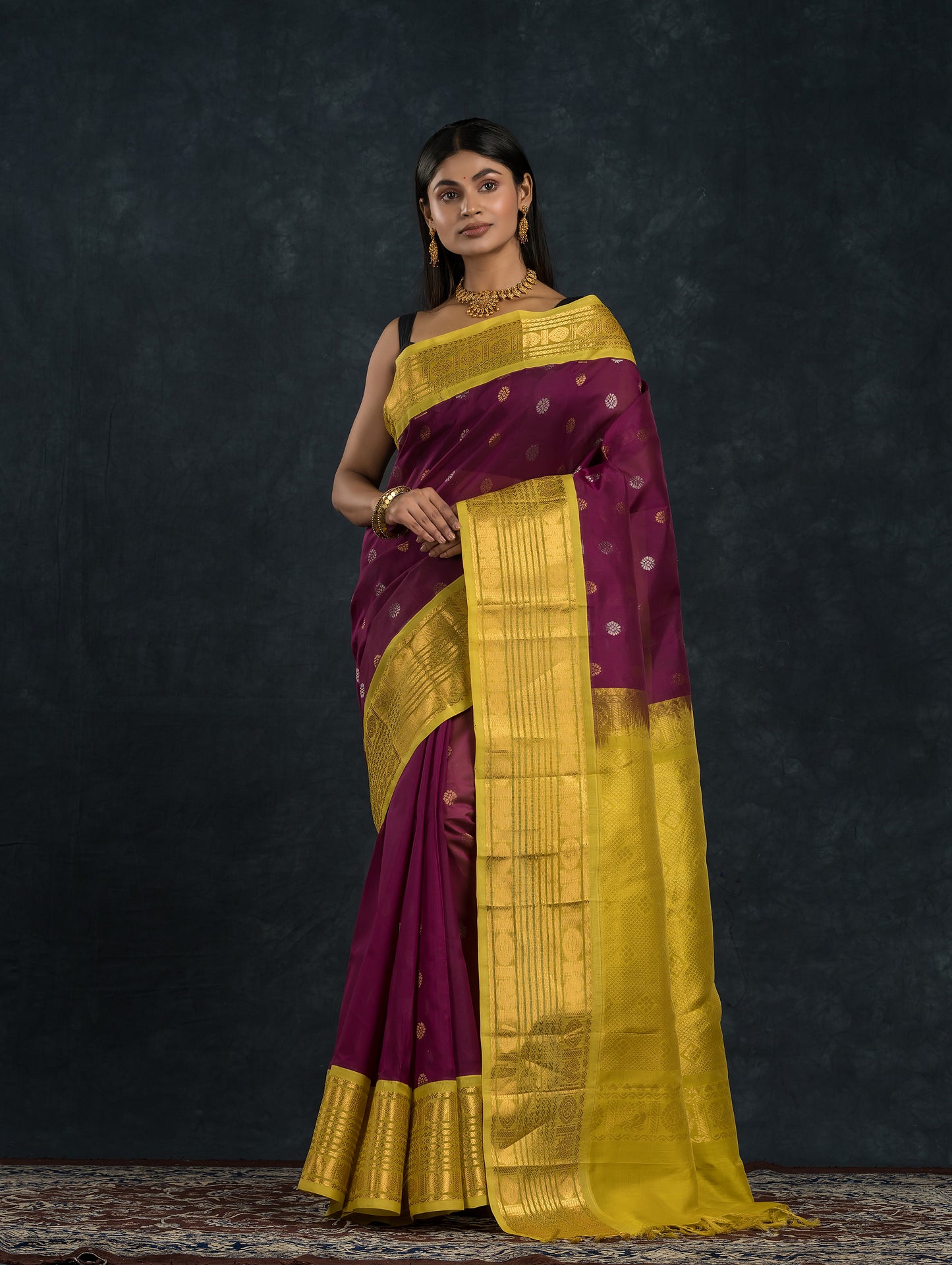 Pure Handloom Korvai Saree | Grape Purple and Golden Yellow