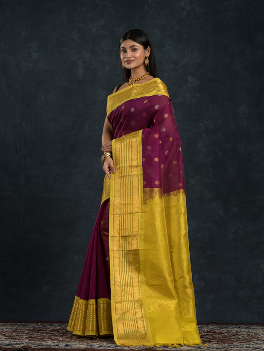 Pure Handloom Korvai Saree | Grape Purple and Golden Yellow