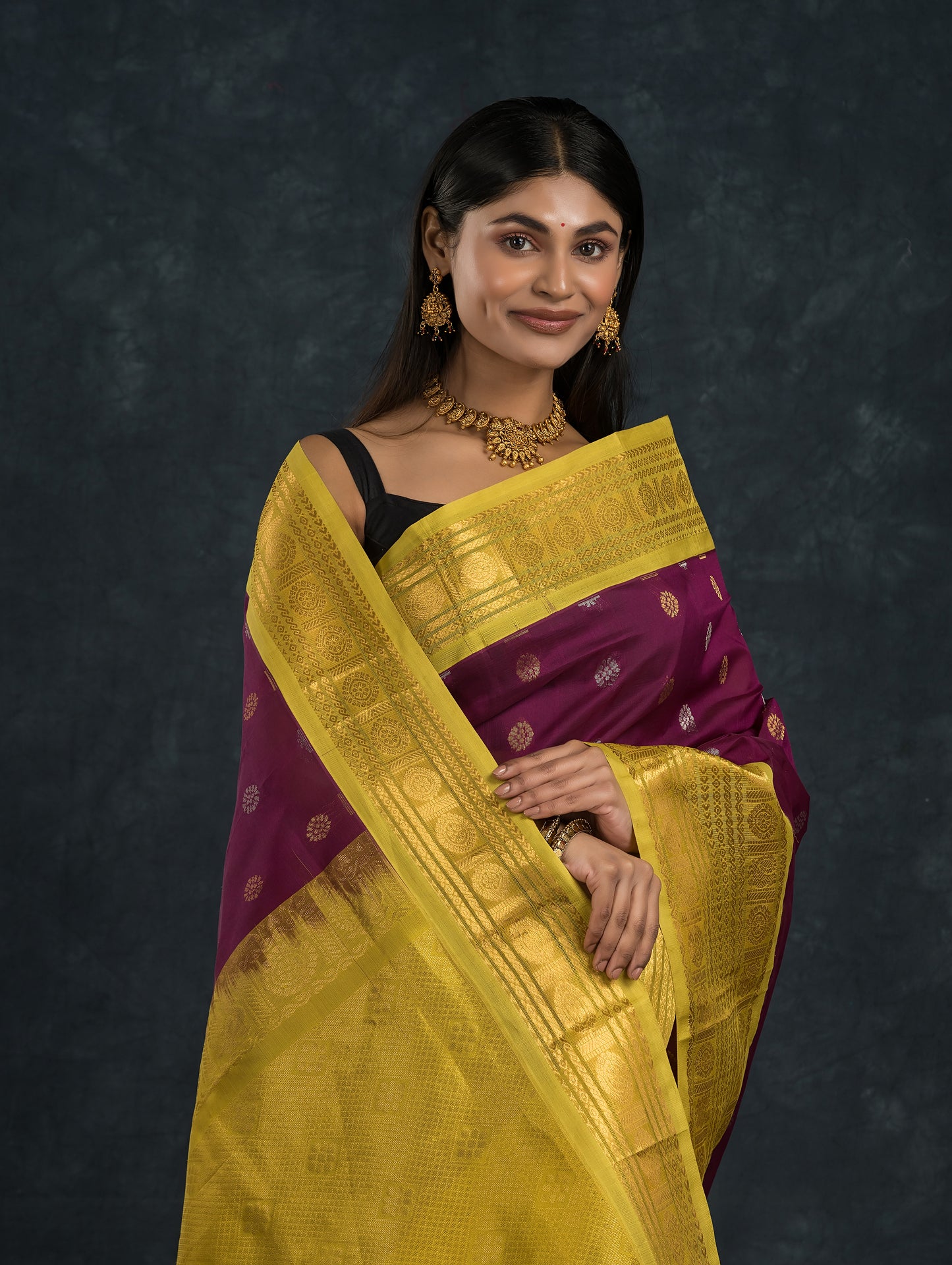 Pure Handloom Korvai Saree | Grape Purple and Golden Yellow