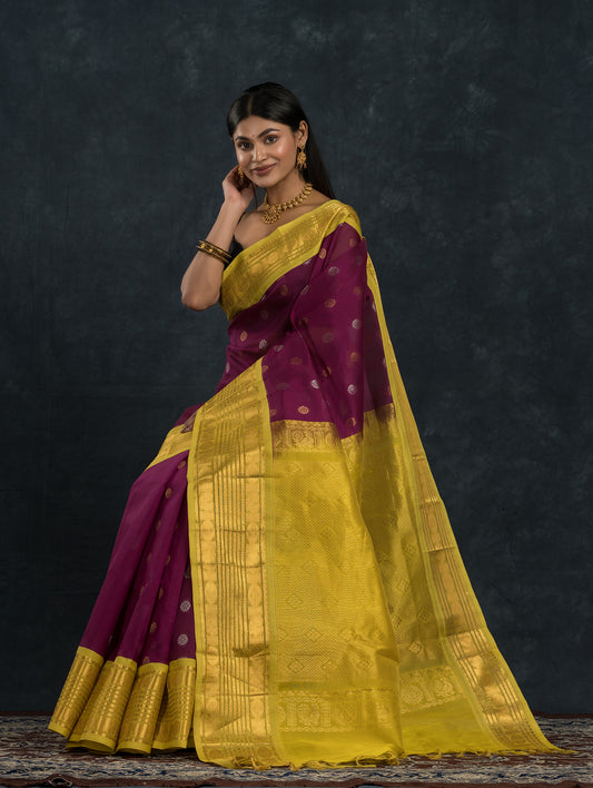 Pure Handloom Korvai Saree | Grape Purple and Golden Yellow