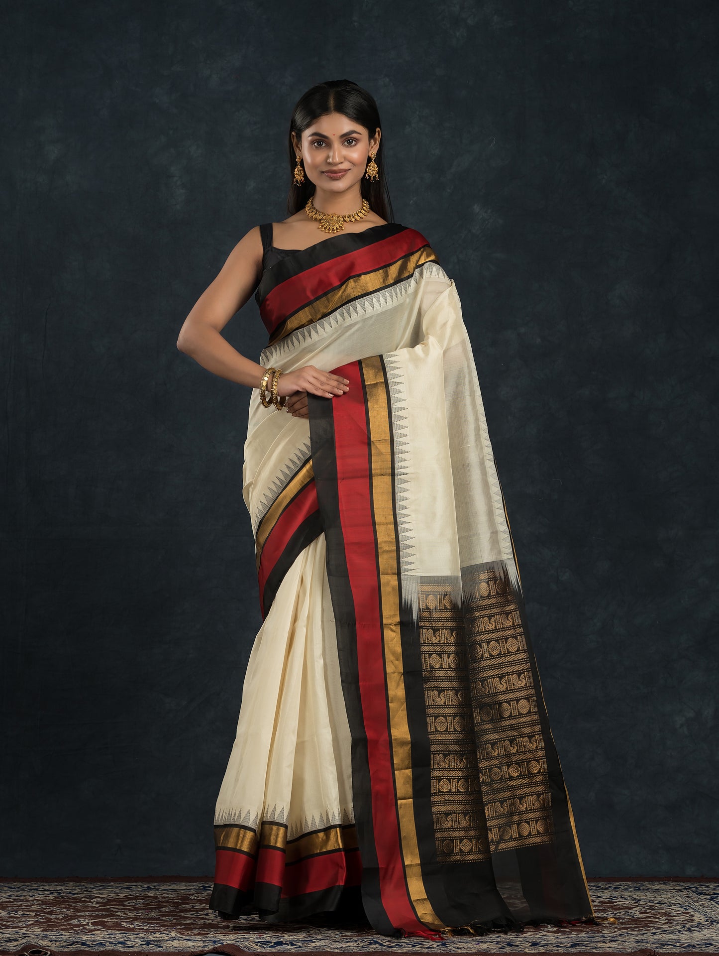 Pure Handloom Korvai Saree | Pearl White and Red Black | Temple border