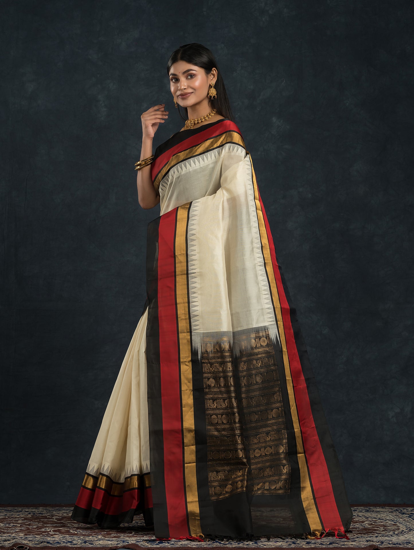 Pure Handloom Korvai Saree | Pearl White and Red Black | Temple border