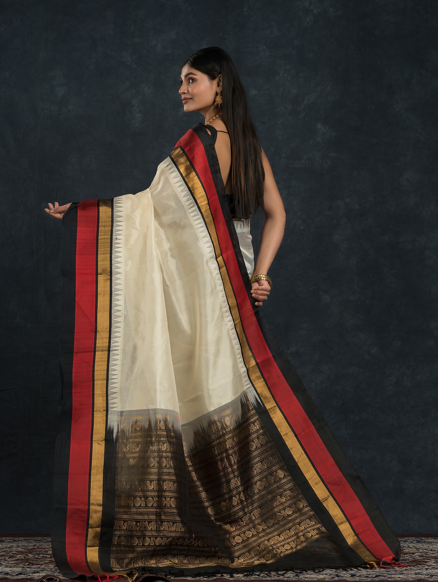 Pure Handloom Korvai Saree | Pearl White and Red Black | Temple border