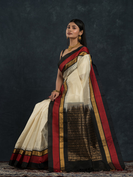 Pure Handloom Korvai Saree | Pearl White and Red Black | Temple border