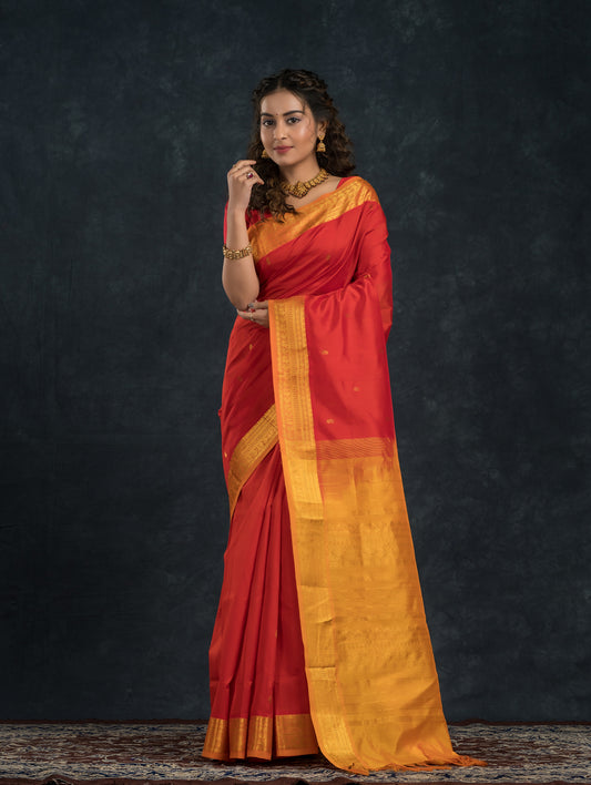 Pure Handloom Korvai Saree | Classic Korvai with small zari buttas | Red and Yellow