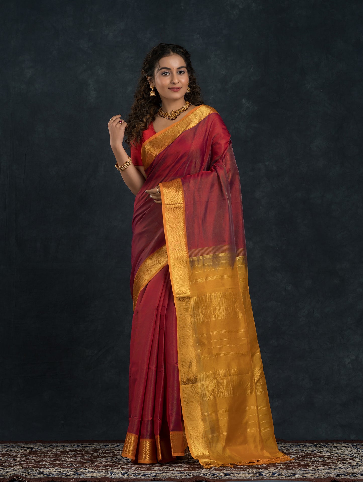 Handloom Korvai Silk Cotton Saree  |  Brick Red