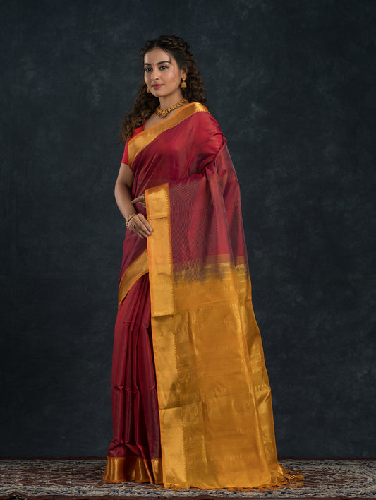 Pure Handloom Korvai Saree | Chilli Red and Golden Yellow