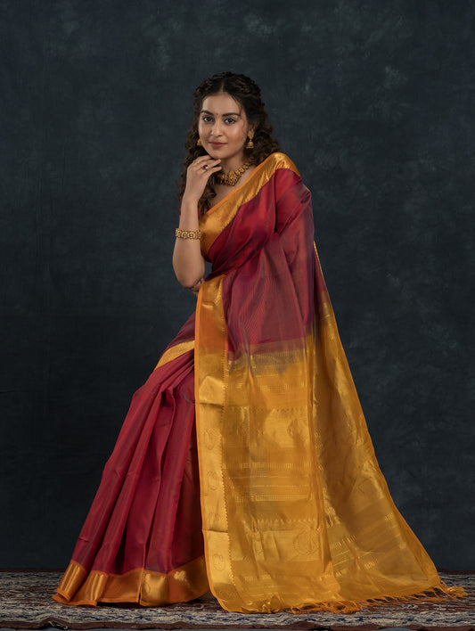 Pure Handloom Korvai Saree | Chilli Red and Golden Yellow