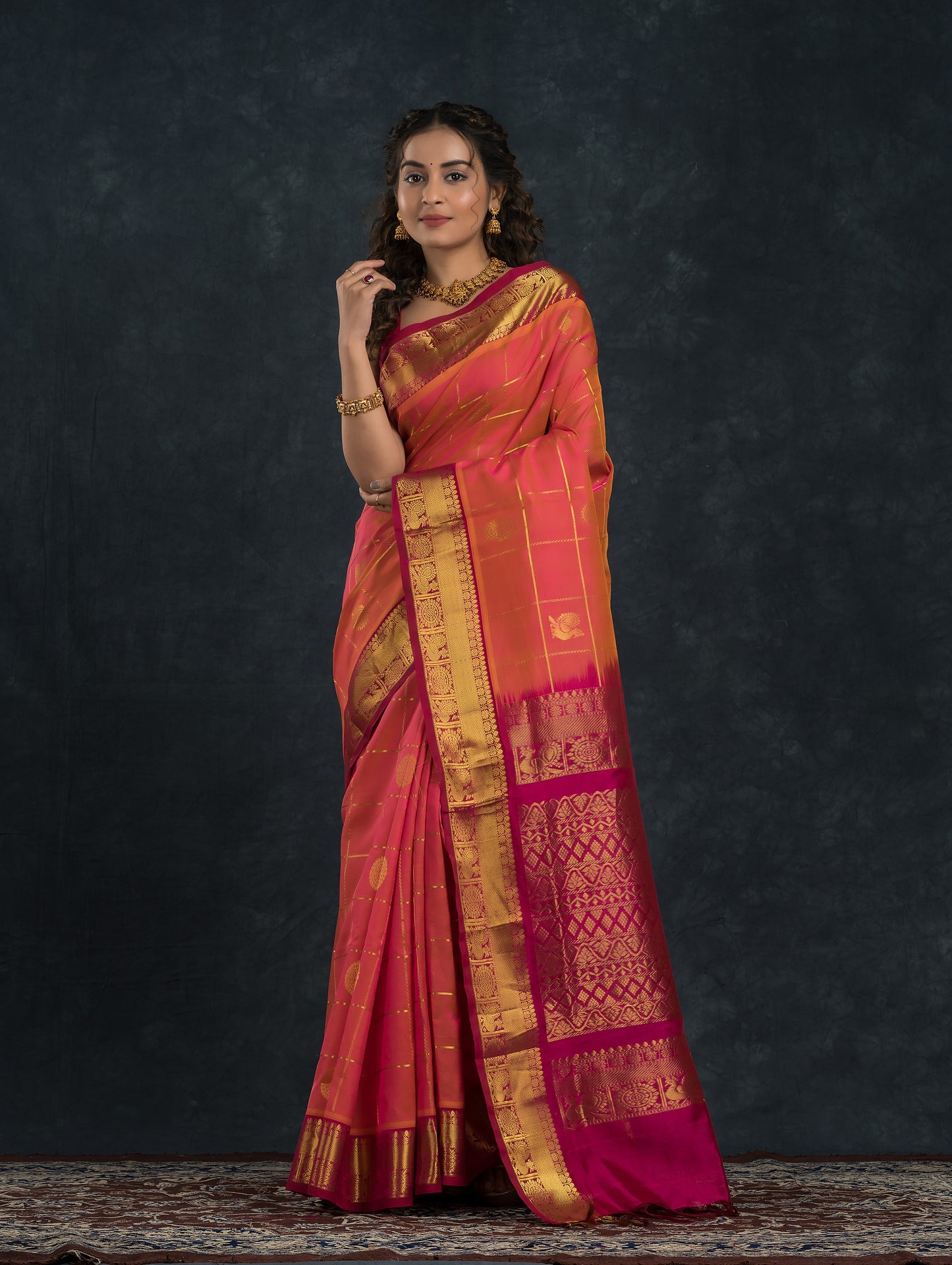 Handloom Korvai Silk Cotton Saree  |  Watermelon Pink