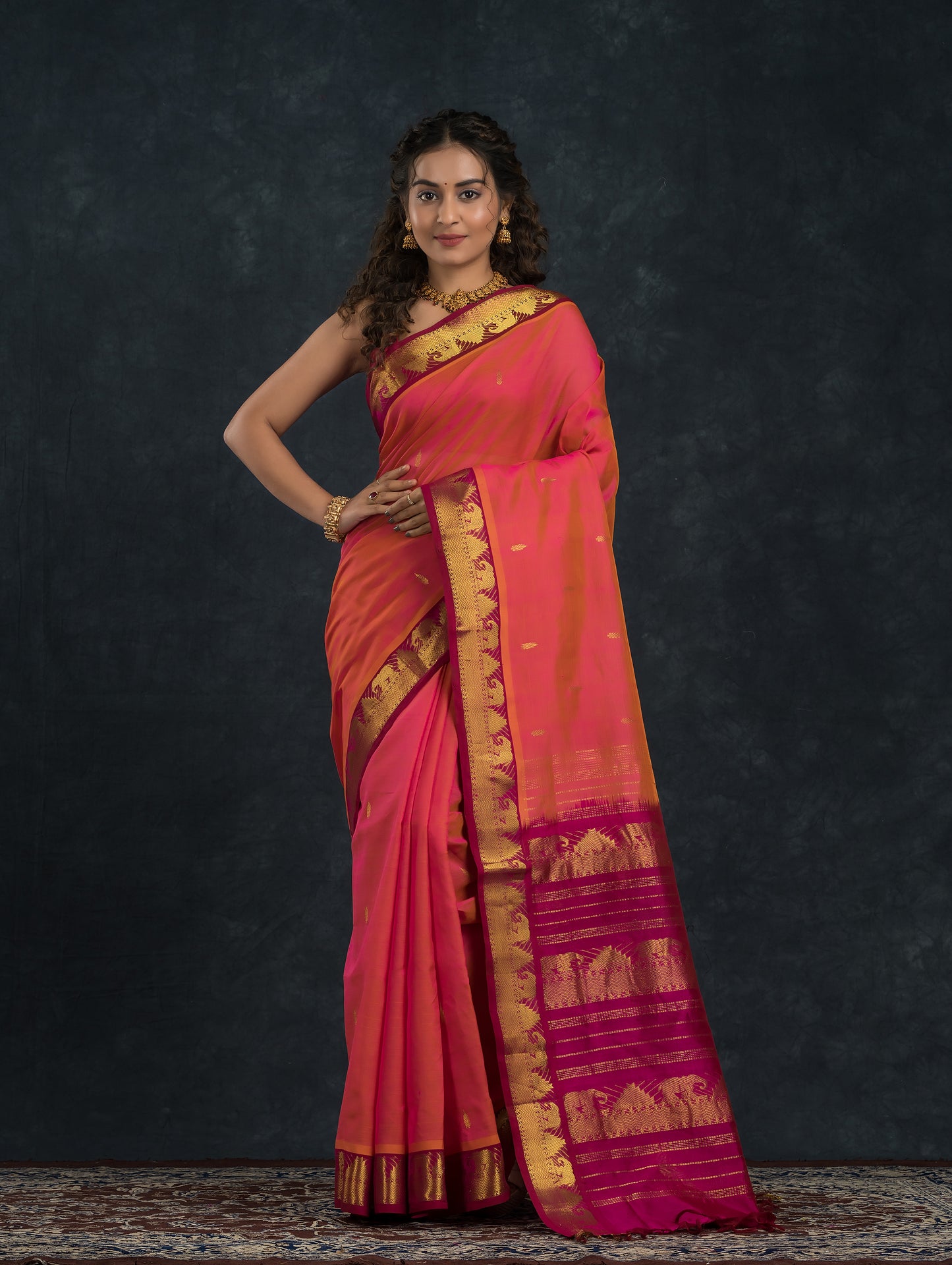 Handloom Korvai Silk Cotton Saree  |  Watermelon Pink