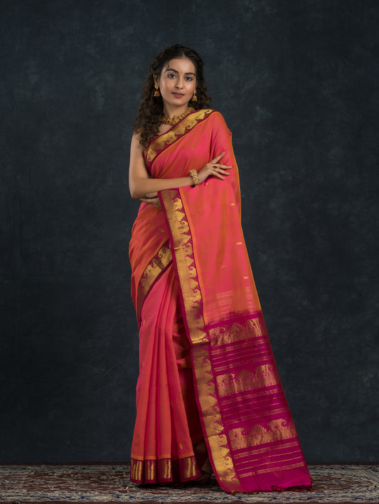 Pure Handloom Korvai Saree | Dual Tone Coral Pink and Golden