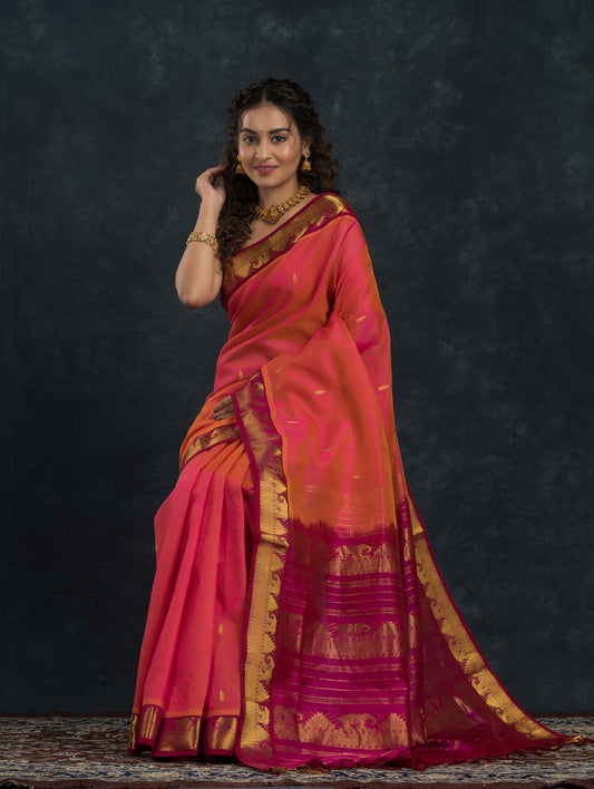 Pure Handloom Korvai Saree | Dual Tone Coral Pink and Golden