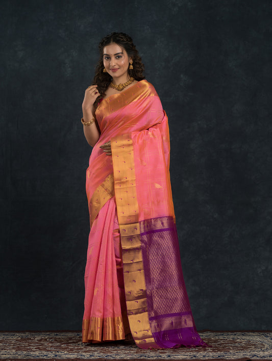 Pure Handloom Korvai Saree |  Rose Pink  Golden Yellow