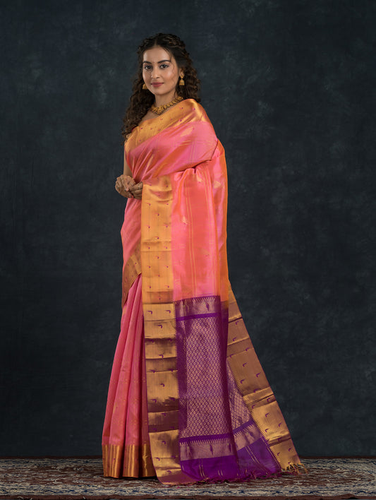 Pure Handloom Korvai Saree |  Rose Pink  Golden Yellow