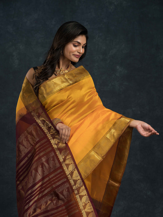 Handloom Korvai Silk Cotton Saree  |  Mustard Yellow