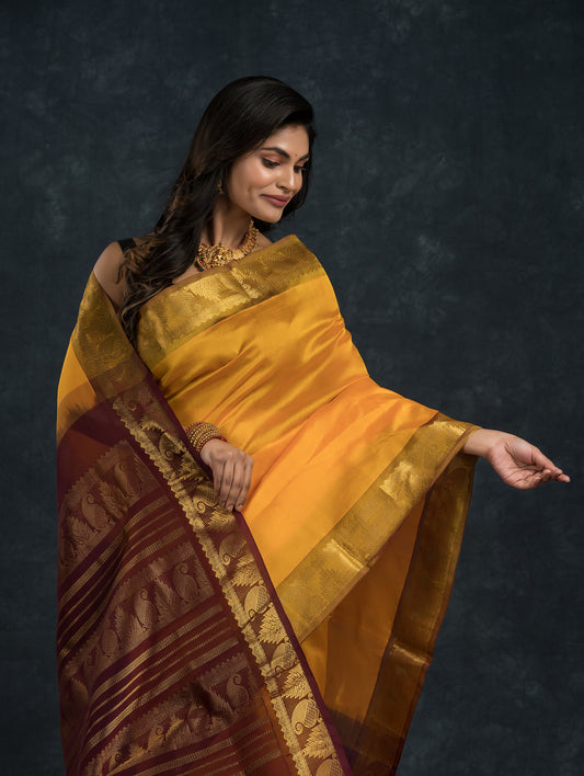 Handloom Korvai Silk Cotton Saree  |  Mustard Yellow
