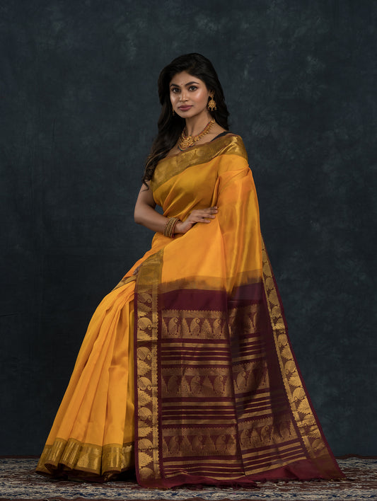Pure Handloom Korvai Saree | Golden Yellow and Brown
