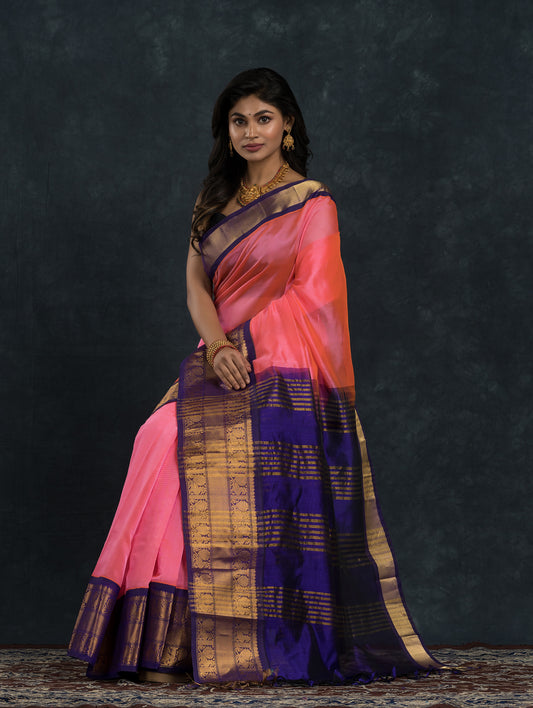 Pure Handloom Korvai Saree | Magenta Pink with Blue