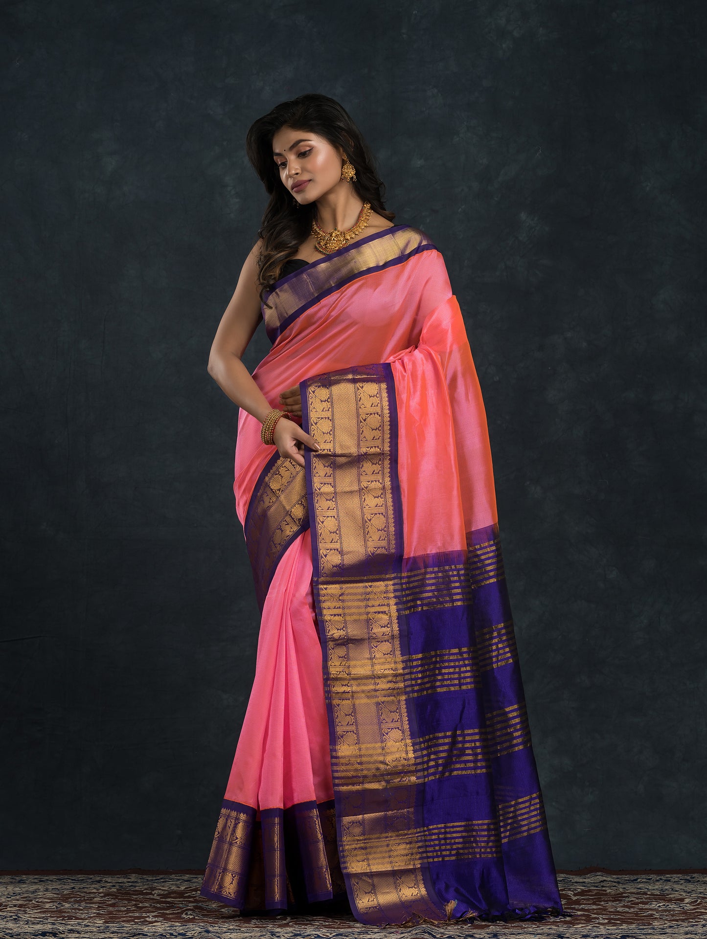 Pure Handloom Korvai Saree | Magenta Pink with Blue